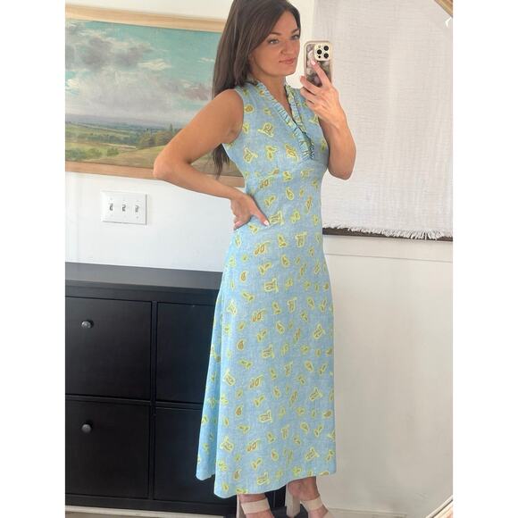 60’s 70’s D Lang Fashions ILGWU Blue Paisley Ruffle Neck Maxi Dress - Picture 2 of 10
